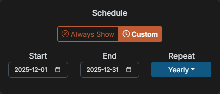 Control the from and to date when a collection should show and set a repeat interval. Seasonal Collections