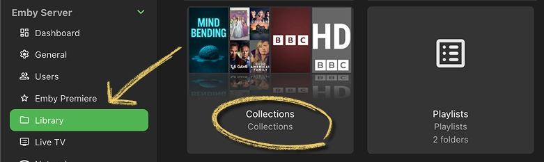 In Emby server settings, go to Library and click on Collections